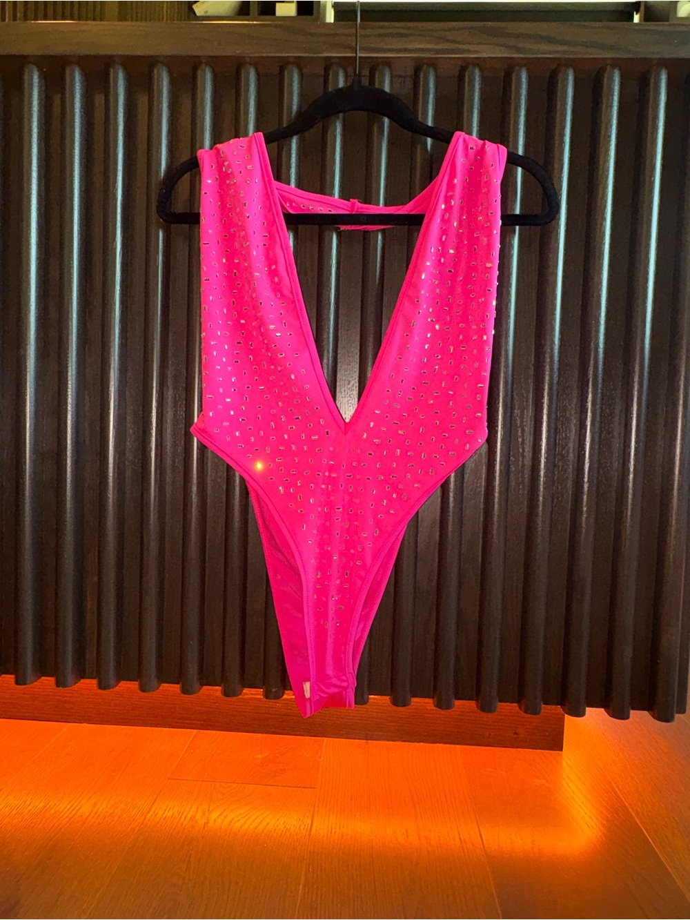 Studded Hot Pink Deep V Sleeveless Bodysuit - Picture 3 of 8